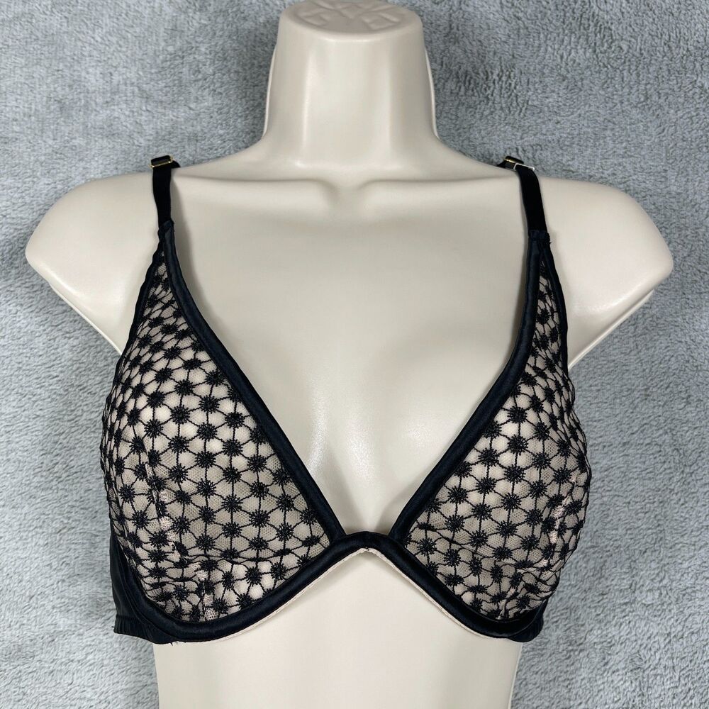 Victoria's Secret Luxe Starburst Plunge Bra Womens 34D Black Floral Embroidered